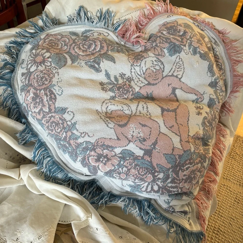 Oversized Vintage Quilt Tapestry Turned into Heart Shaped Cherub Pillow w Fringe